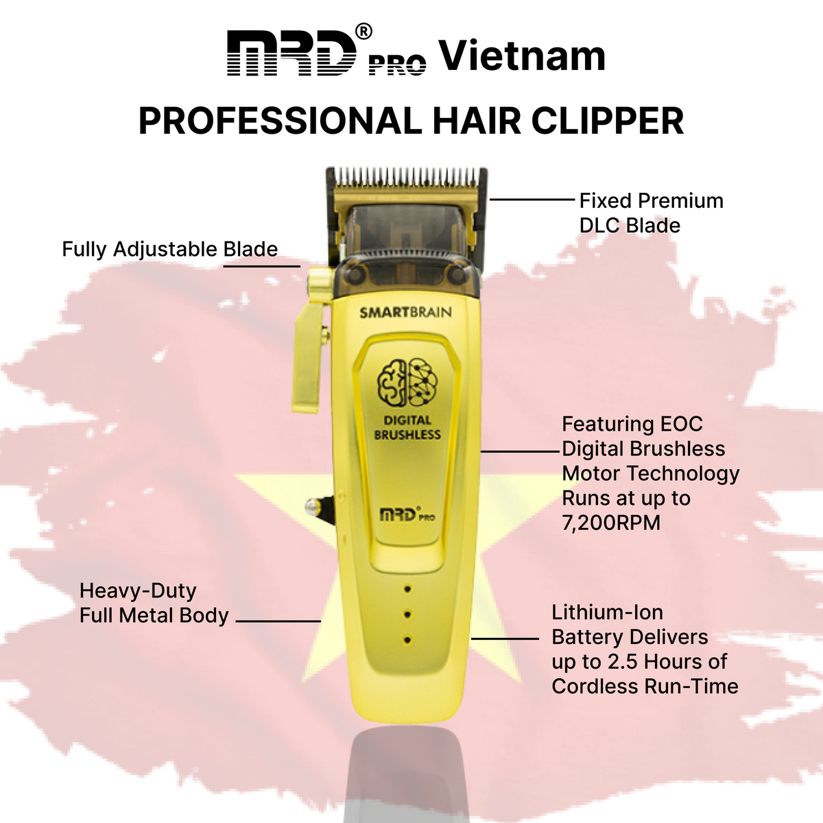 MRDPRO SMART BRAIN HC 90-4-GOLD-Premium Brushless Motor Hair Clipper (7200 RPM) with DLC Blade & Zero Gap Adjustable Taper