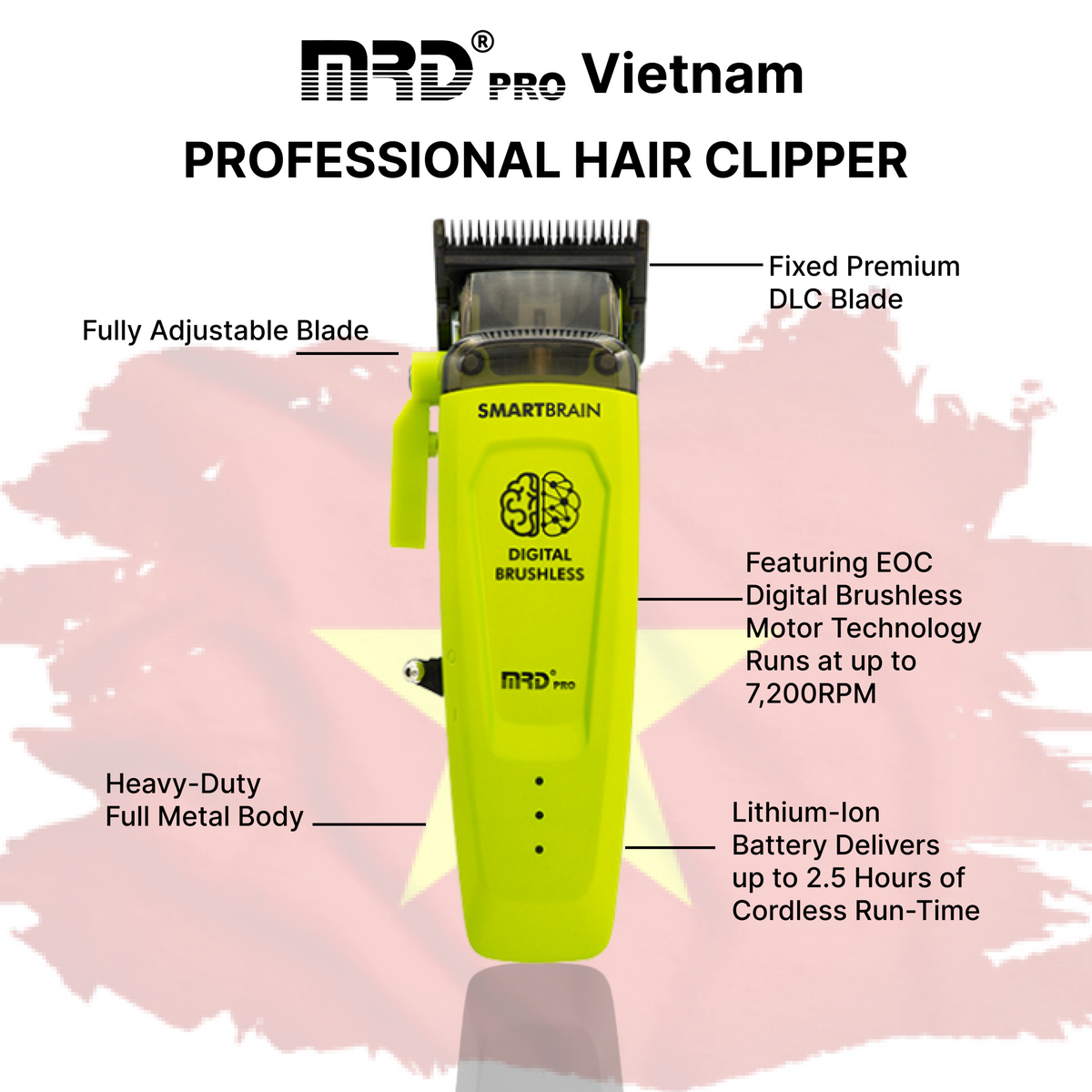 MRDPRO SMART BRAIN HC 90-4-GREEN-Premium Brushless Motor Hair Clipper (7200 RPM) with DLC Blade & Zero Gap Adjustable Taper