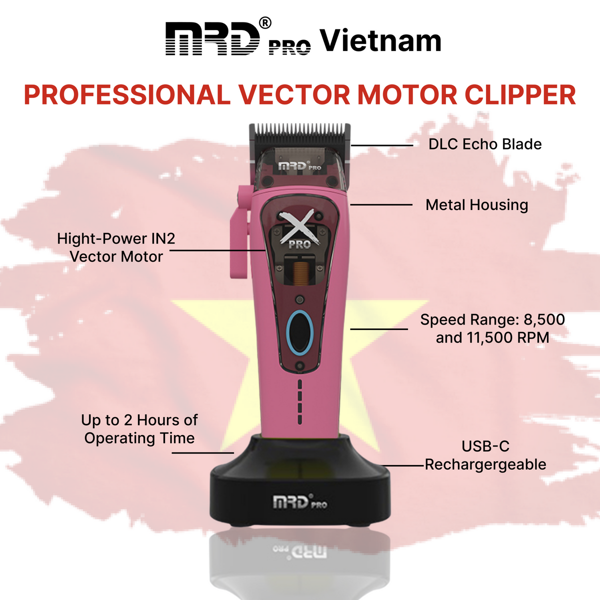 MRD HC-999 XPRO Vector Professional Hair Clipper-PINK| 11,500 SPM High-Torque Motor | Zero-Gap Titanium Blade