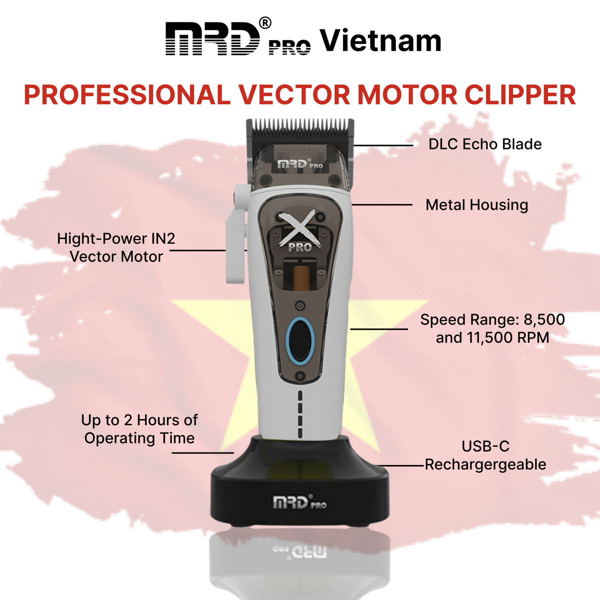 MRD HC-999 XPRO Vector Professional Hair Clipper-WHITE| 11,500 SPM High-Torque Motor | Zero-Gap Titanium Blade