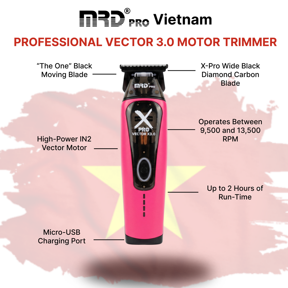 MRDPRO XPRO GMT-999C-PINK-Vector X3.0 Hair Clipper – Powerful Motor 9,500–13,000 RPM