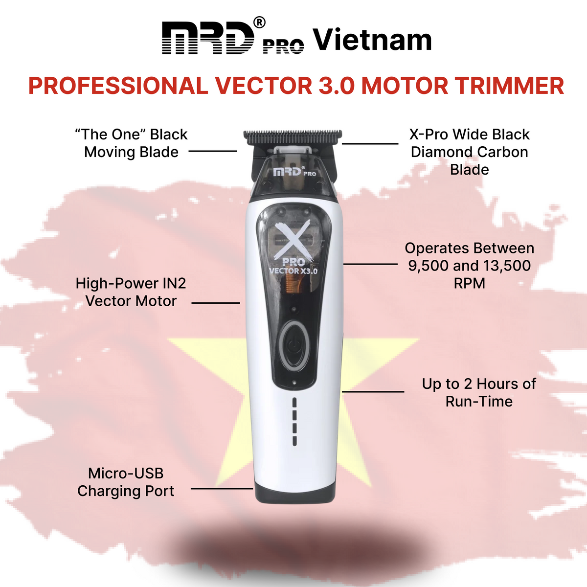 XPRO GMT-999C-WHITE-Vector X3.0 Hair Clipper – Powerful Motor 9,500–13,000 RPM