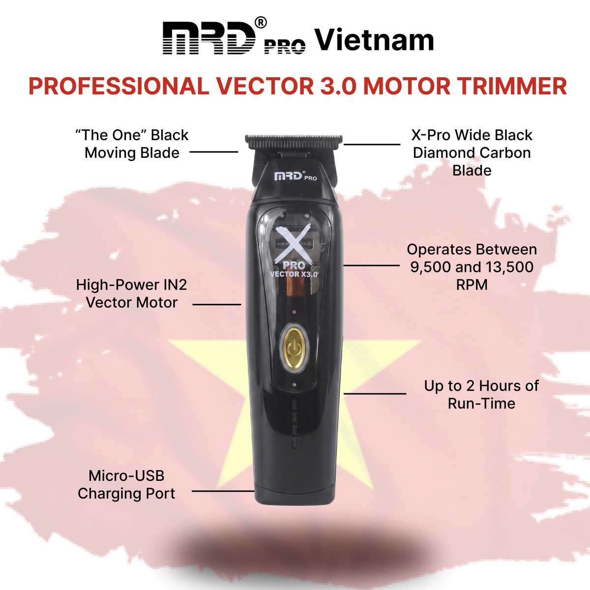 XPRO GMT-999C-BLACK-Vector X3.0 Hair Clipper – Powerful Motor 9,500–13,000 RPM