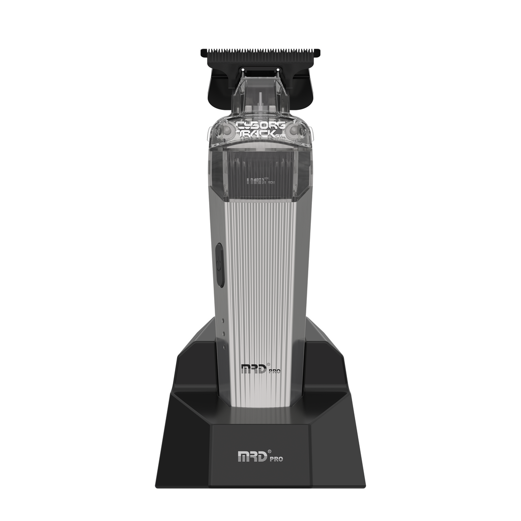 Recortadora MRD PRO CYBORG-SILVER-Profesional Inalámbrica Cuchilla en T Sin Hueco para Vello y Cabello - Motor BLPU de 7200 RPM, Cuchilla DLC y Batería de 180 Min