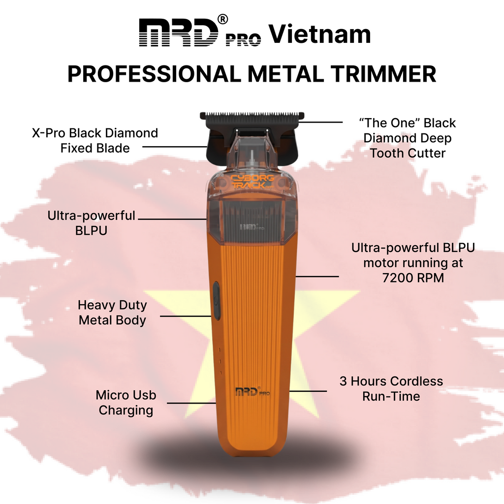 Recortadora MRD PRO CYBORG-ORANGE: recortadora profesional inalámbrica de pelo con cuchilla en T y acabado a cero - motor BLPU de 7200 rpm, cuchilla DLC y batería de 180 min