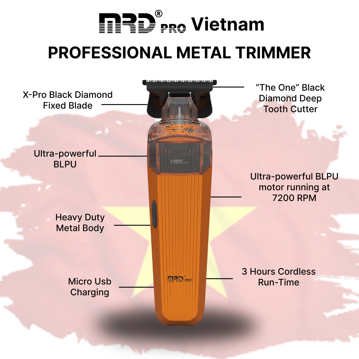 Recortadora MRD PRO CYBORG-ORANGE: recortadora profesional inalámbrica de pelo con cuchilla en T y acabado a cero - motor BLPU de 7200 rpm, cuchilla DLC y batería de 180 min