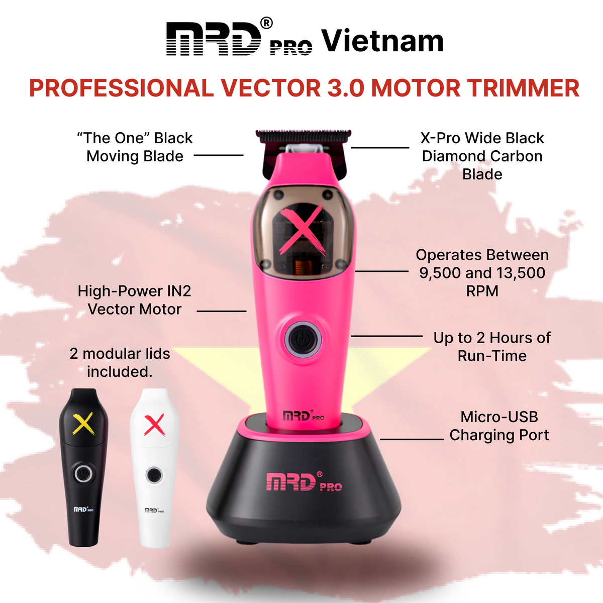 MRDPRO Ultimate X Cordless Hair Trimmer with Vector Motor 10000 RPM & DLC Deep Tooth Blade - Pink