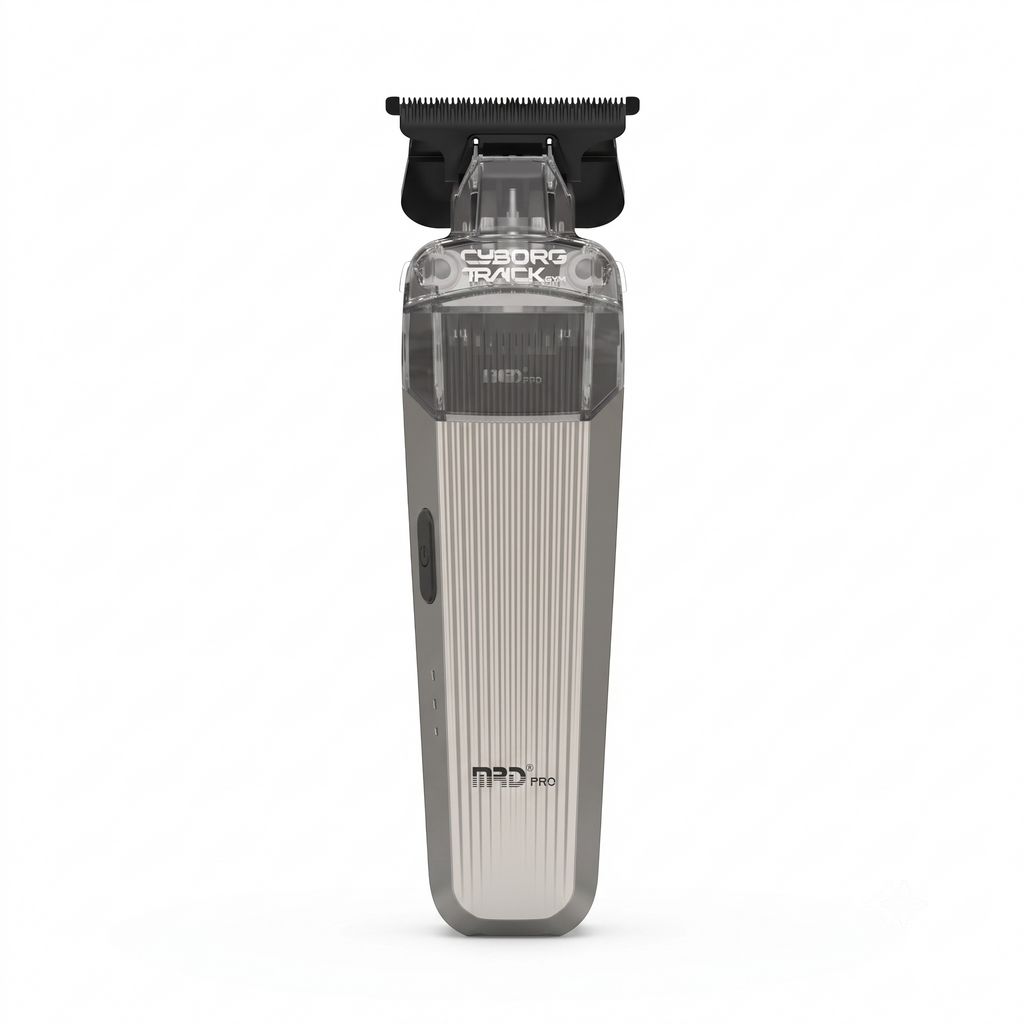 Recortadora MRD PRO CYBORG-SILVER-Profesional Inalámbrica Cuchilla en T Sin Hueco para Vello y Cabello - Motor BLPU de 7200 RPM, Cuchilla DLC y Batería de 180 Min
